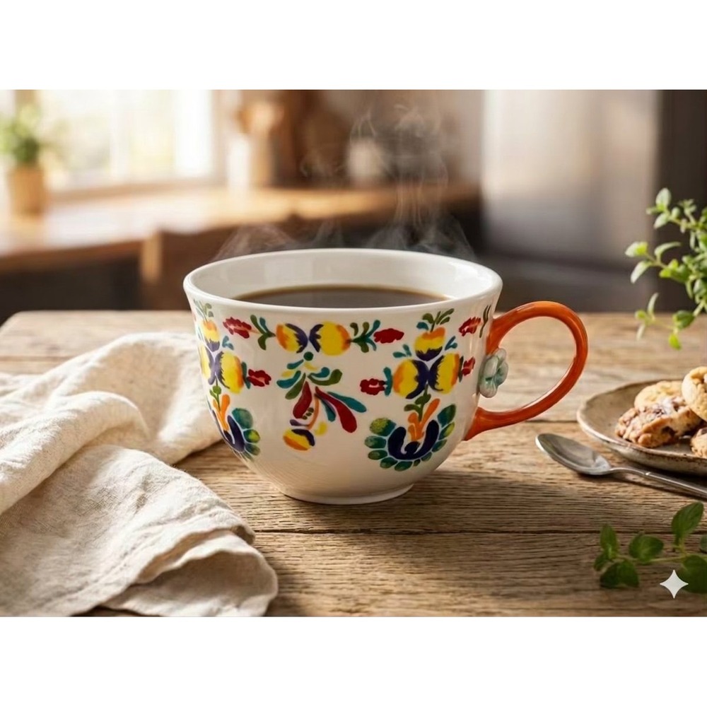 Anthropologie Floral Oversized Coffee Mug Cup Bohemian Folk Art Footed Large